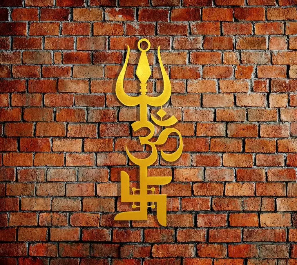 DECOFLY OM Trishakti Trishul Swastika Metal wall art (18 Inches)